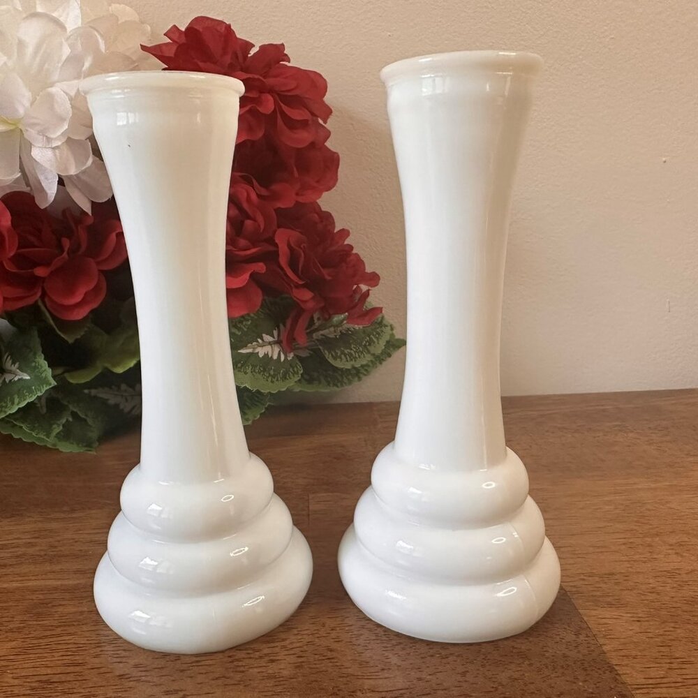 Pair of Randall Milk Glass Vases Ringed Base Midcentury Modern White Decor